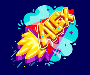 Alex kids boy name illustration graffiti style on the rocket start