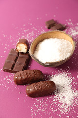 chocolate bar and coconut, top view
