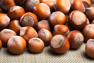 close up of hazelnuts on table .