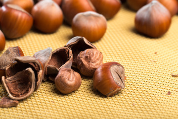 close up of hazelnuts on table .
