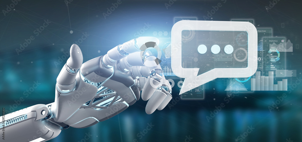 Poster view of a cyborg hand holding a message icon with data in background - 3d rendering