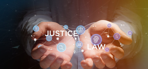 Businessman holding Cloud of justice and law icon bubble with data 3d rendering