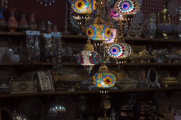 Multicolored glass lamps in the Eastern Bazaar. Oriental style