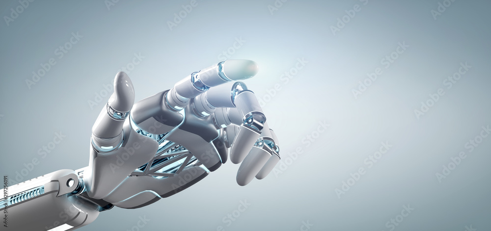 Poster cyborg robot hand on an uniform background 3d rendering