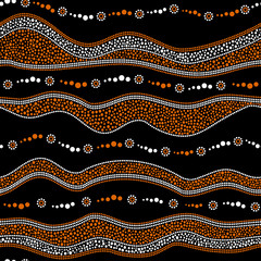 Australian aboriginal seamless vector pattern with dotted circles, rings, suns and crooked stripes - obrazy, fototapety, plakaty