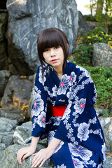 girl in japanese traditional casual summer costume kimono yukata
