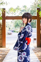 girl in japanese traditional casual summer costume kimono yukata