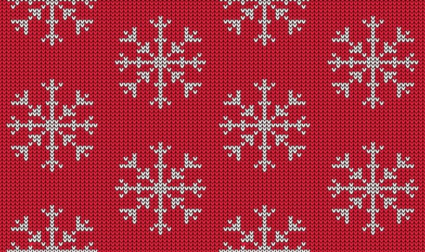 Knitted seamless pattern with white snowflake on red background. Christmas sweater ornament. Vector illustration.