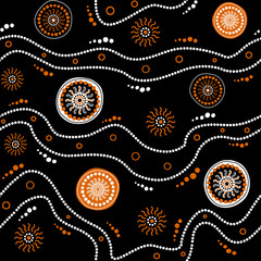 Australian aboriginal seamless vector pattern with dotted circles, rings, suns and crooked stripes