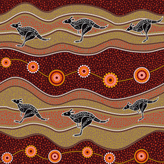 Australian aboriginal art seamless vector pattern with kangaroo, dotted circles, rings and crooked stripes