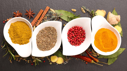 assorted of herbs and spices, top view