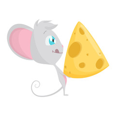 Cute grey mouse with a big slice of cheese. Vector Stock Illustrations isolated Emoji character cartoon mouse stickers emoticon with emotion, situation and pose.