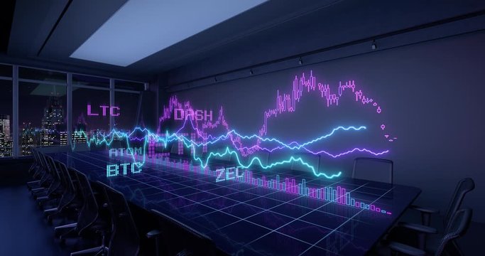 13 sec intro, 10 sec loop. Cryptocurrency Bitcoin Exchange trading Gambling concept 4K video. Animated Charts Financial Stats on Table in Office Interior. 