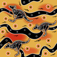 Australian aboriginal art seamless vector pattern with dotted circles, kangaroo, crooked stripes and other typical ethnic elements