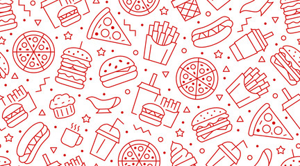 Fast food seamless pattern with vector line icons of hamburger, pizza, hot dog, beverage, cheeseburger. Restaurant menu background, tasty unhealthy lunch