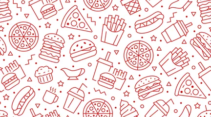 Nahtloses Muster des Schnellimbisses mit Vektorlinienikonen von Hamburger, Pizza, Hotdog, Getränk, Cheeseburger. Hintergrund des Restaurantmenüs, leckeres ungesundes Mittagessen © nadiinko