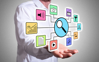 Search for apps concept above a human hand