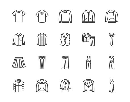 Cloth flat line icons set. Apparel - jacket, hoody, sweatshirt, male pants, polo shirt, jeans, coat, tie vector illustrations. Outline signs for fashion store. Pixel perfect 64x64. Editable Strokes