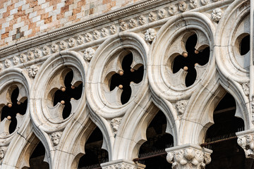 Venice, closeup of the Doge Palace (Palazzo Ducale) in St Mark square, in Venetian Gothic style....
