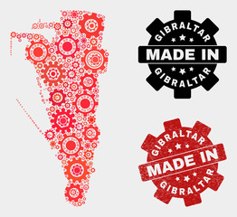 Mosaic industrial Gibraltar map and grunge seal. Vector geographic abstraction in red colors. Mosaic of Gibraltar map combined of random cogwheel elements. Red colored model for service,