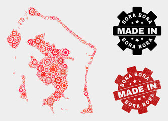 Mosaic gear Bora-Bora map and textured seal. Vector geographic abstraction in red colors. Mosaic of Bora-Bora map combined of random gear elements. Red colored model for industrial, - obrazy, fototapety, plakaty