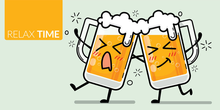 vector of two glass of beer with funny face for drunk emotion with text relax time