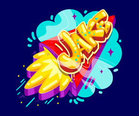 Jake cartoon name graffiti style on the rocket start. Vector color kids boy illustration - obrazy, fototapety, plakaty
