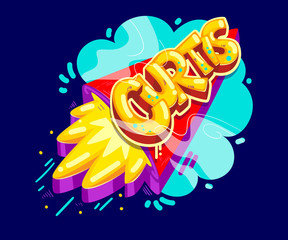 Fototapeta premium Curtis baby boy name graffiti style on the rocket start. Cartoon kids name illustration