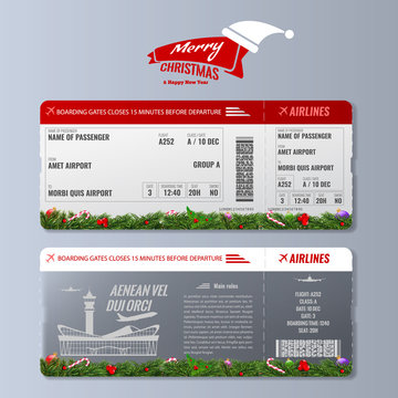 Airline boarding pass or air ticket design template with christmas or new year holiday concept. Vector illustration.