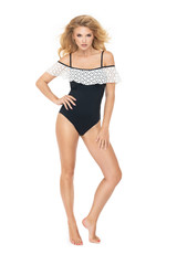Fototapeta na wymiar Young sexy blonde woman in swimwear, isolated on white background