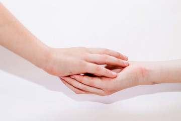 baby hands on white background, play, close up