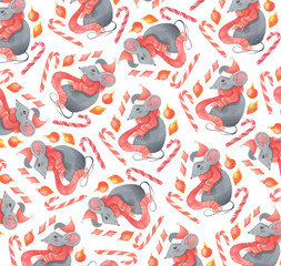 Christmas pattern with mice and candy