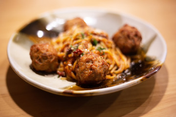 Pasta meat sauce with meatballs. Spaghetti meatballs in italian food restaurant.