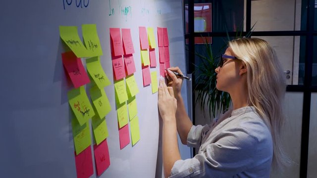 Project management agile methodology, concept. A young blonde woman in glasses, gluing colored sticky notes on a magnetic Board.