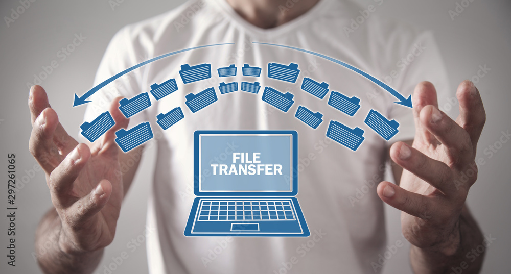 Wall mural notebook file transfer. concept of information exchange