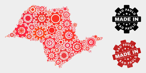 Mosaic technical Sao Paulo State map and grunge stamp. Vector geographic abstraction in red colors. Mosaic of Sao Paulo State map combined of random gearwheel items. Red colored model for technical,