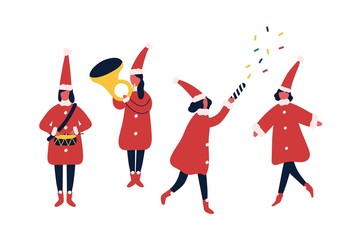 Christmas fair performers flat vector illustrations set. Winter holiday party, carnival participants in festive elf costumes. Orchestra musicians. People celebrate New Year cartoon characters.