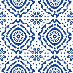 Abstract indigo shibori seamless vector pattern with ikat print of mosaic