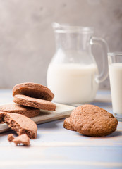 Pile of Delicious Chocolate Chip Cookies on a  board with Milk Bottles