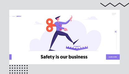 Searching Solution Website Landing Page. Businessman with Clockwork Key Mechanism on Back Step into Trap. Manipulated Business Man Problem Ignorance Web Page Banner. Cartoon Flat Vector Illustration