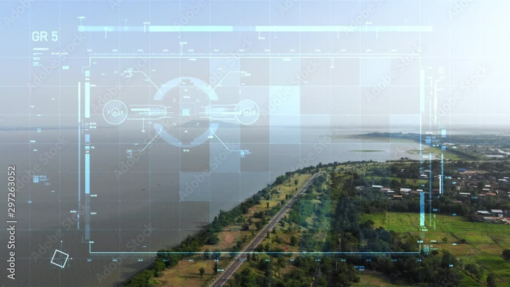 Poster aerial view scenic landscape of the reservoir dam and drone user interface with graph bar scale for 