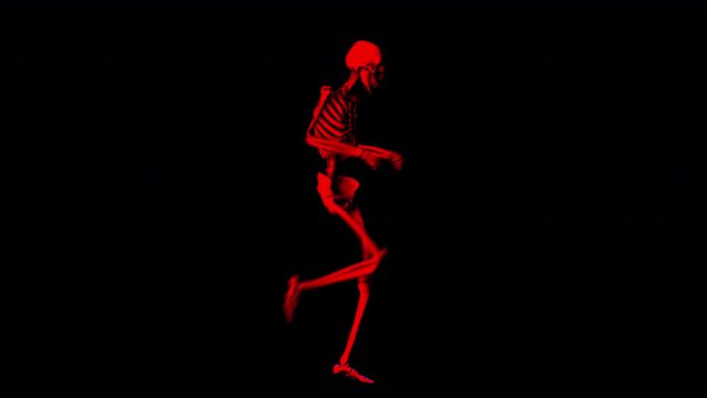 Funny seamless animation of a dancing skeleton. Halloween dark background character and red blue light isolated with alpha channel