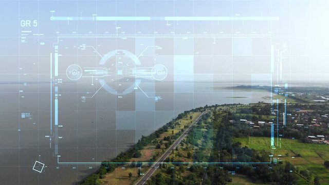 Aerial view scenic landscape of the reservoir dam and drone user interface with graph bar scale for cyber and futuristic concept with dark and grain processed