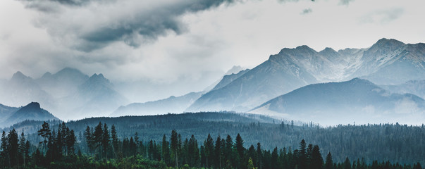 Sommets de montagne dans les nuages et le brouillard. Tatras, Pologne.