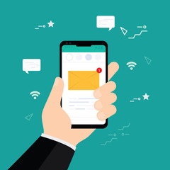 Bussniess man  holding smartphone with email symbol on the blank screen. New message on the smartphone screen concept.