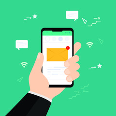 Bussniess man  holding smartphone with email symbol on the blank screen. New message on the smartphone screen concept.