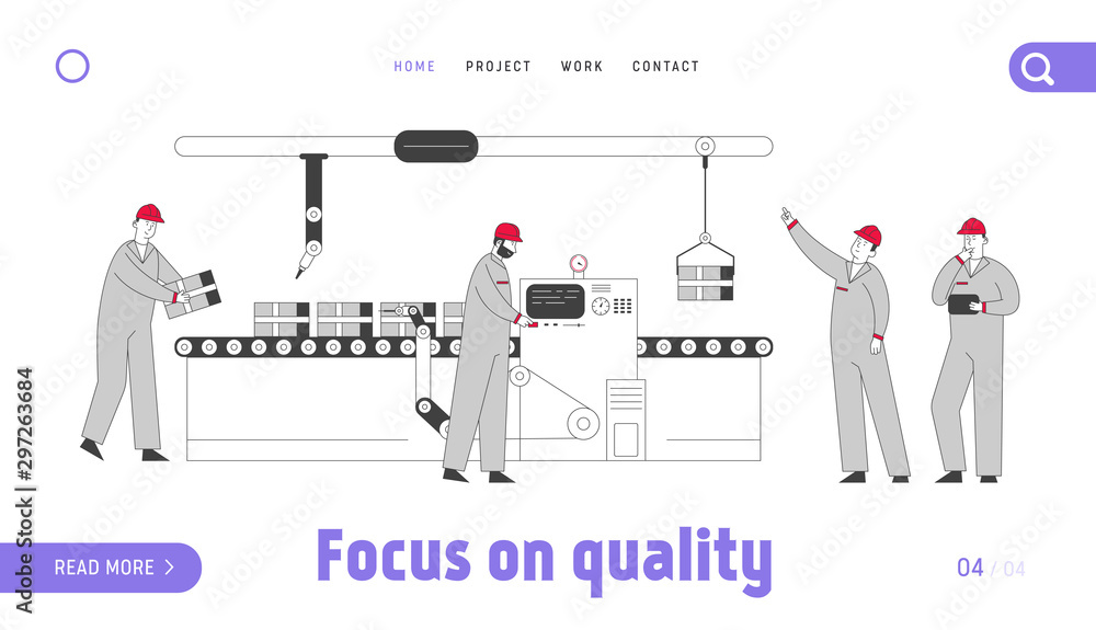 Poster smart factory website landing page. robots hands and workers working on assemble line with productio