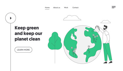 Worldwide Global Event Nature Conservation Website Landing Page. Environment Ecology Protection. Man Watering Plants and Care of Planet Web Page Banner. Cartoon Flat Vector Illustration, Line Art
