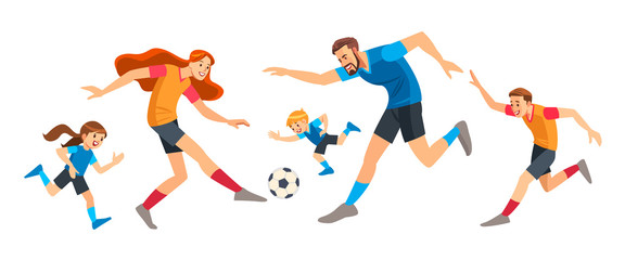 Happy family Playing Soccer together. Concept Parenthood child-rearing. Cartoon isolated vector illustration.