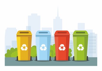 Rubbish bins for recycling different types of waste on city background. Sort plastic, organic, e-waste, glass, paper.